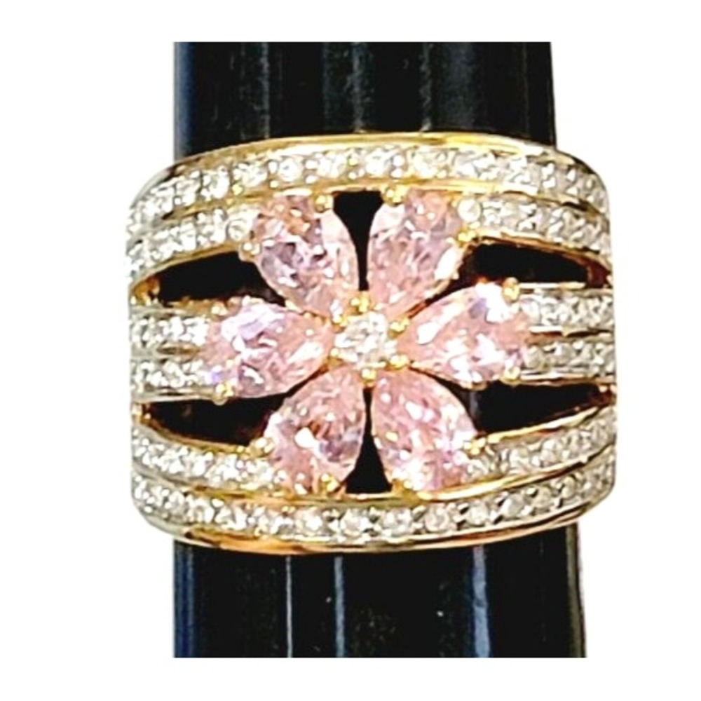 Vintage Pink Ring Wide Mogul Glass Flower White Rhinestones Size 7.5